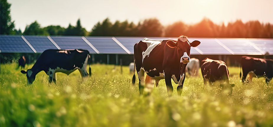 Cows in field near solar panels